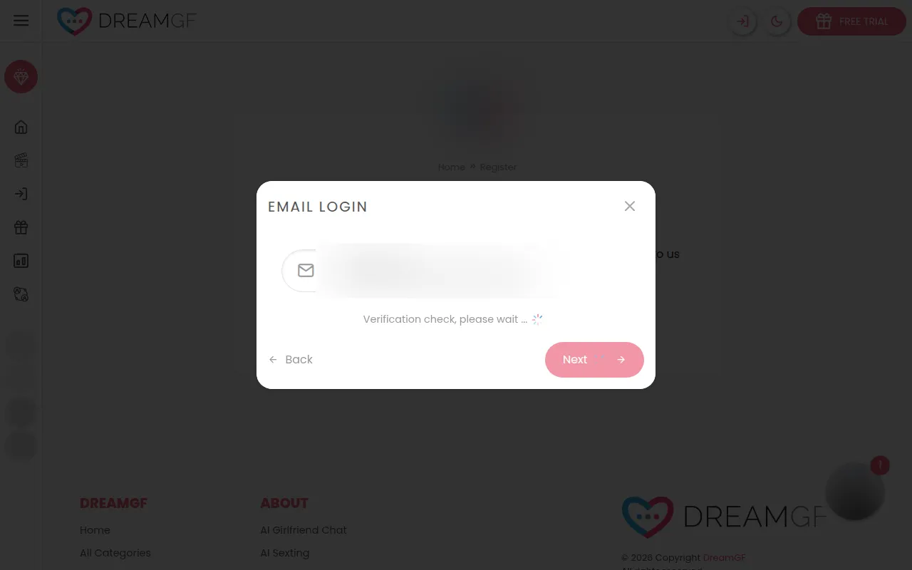 DreamGF email sign-up window stuck on Verification check, please wait