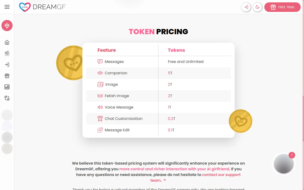 DreamGF token pricing table listing costs for companion, image, voice message and edits