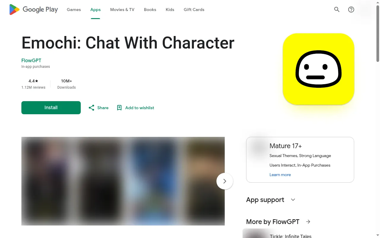 Google Play listing for Emochi: Chat With Character by FlowGPT, rated Mature 17+