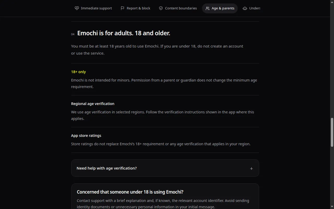 Emochi Safety Center section stating Emochi is for adults 18 and older