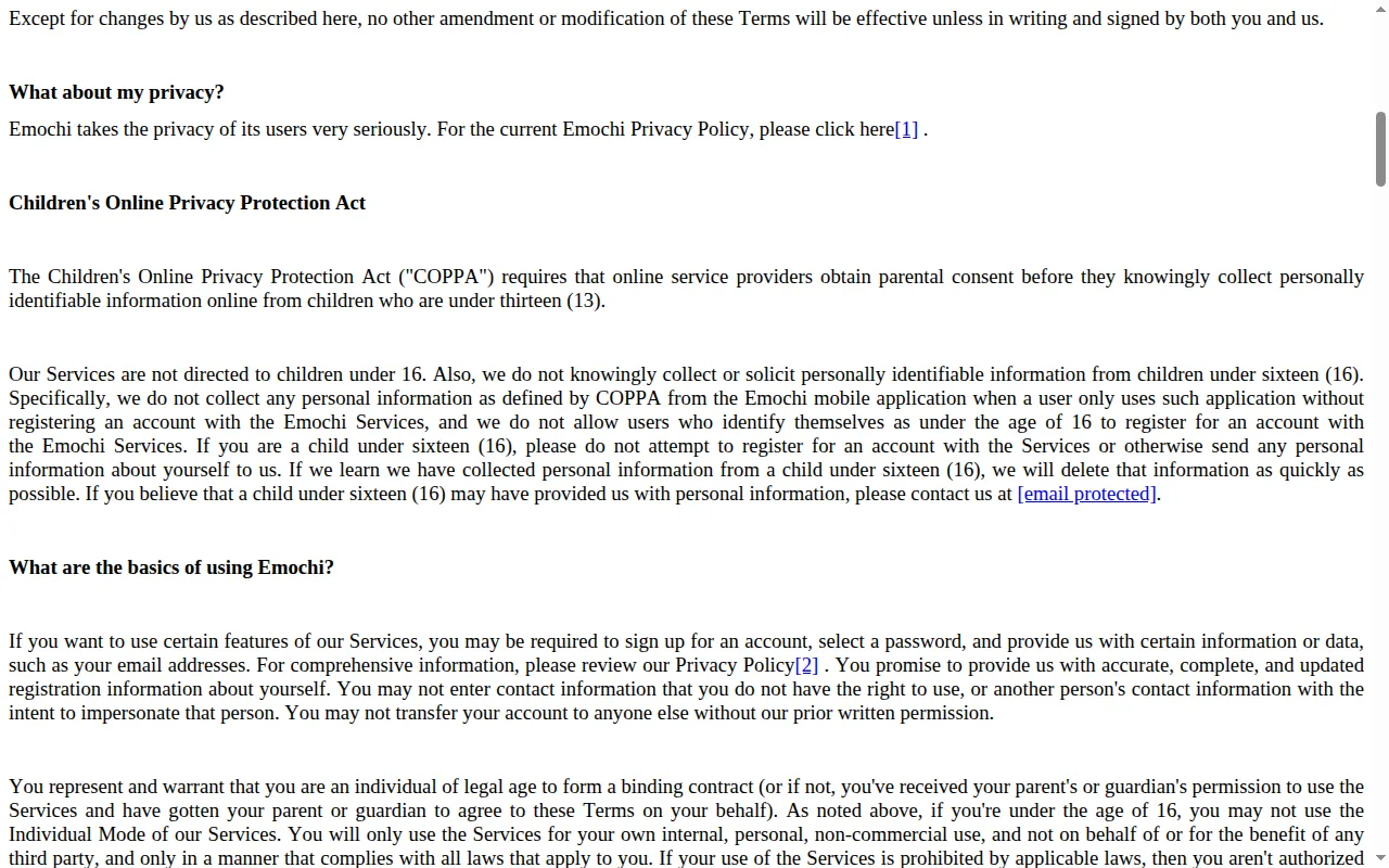 Emochi Terms of Service paragraph about children under 16