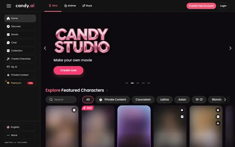 Candy AI home screen with sidebar navigation and blurred character previews