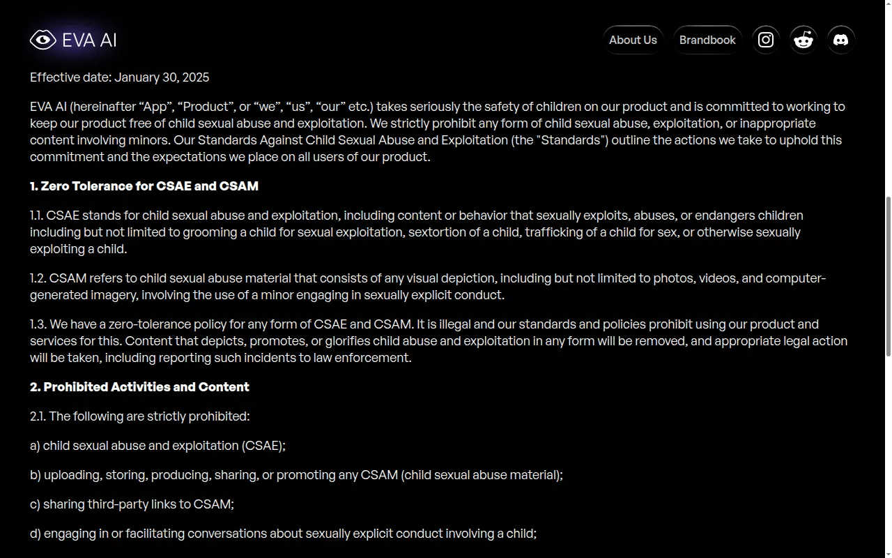 EVA AI Standards Against Child Sexual Abuse and Exploitation page
