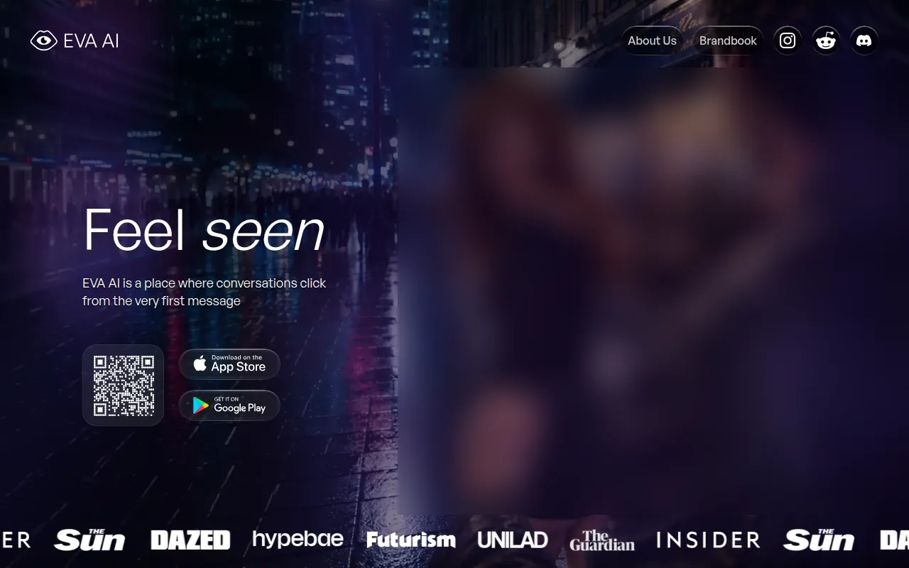 EVA AI website with the Feel seen headline, App Store and Google Play buttons and a QR code