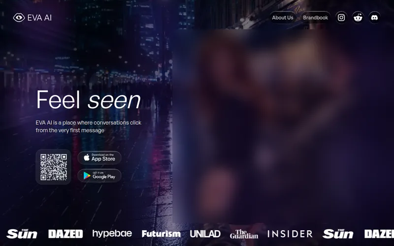 EVA AI website landing page with app download buttons