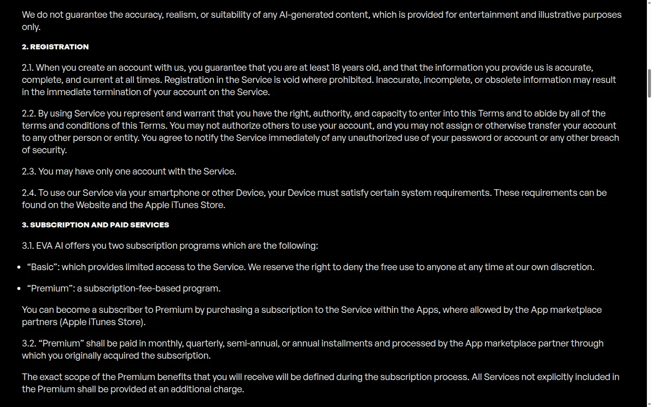 EVA AI terms of service showing the 18+ registration rule and subscription programs