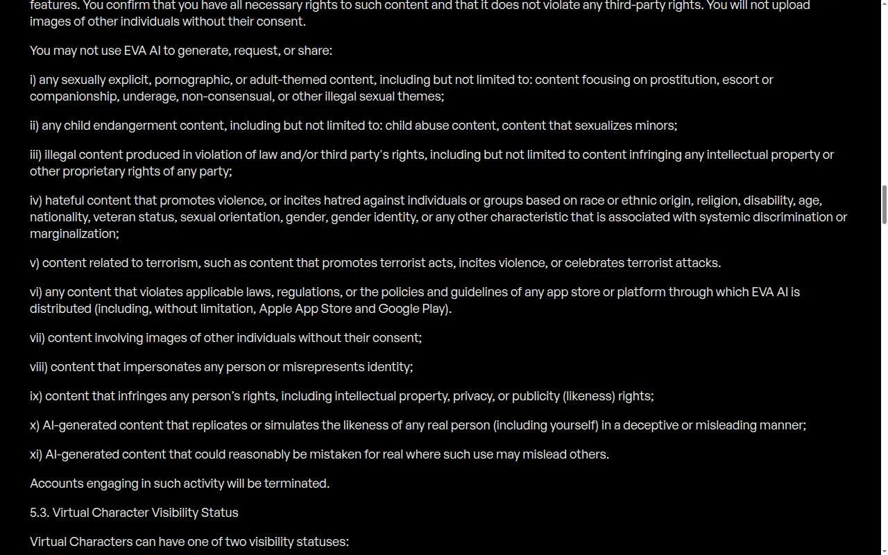 EVA AI terms listing banned content, including sexually explicit material and content that sexualizes minors