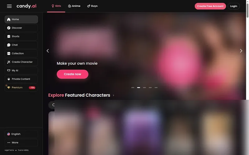 Candy AI home page with sidebar navigation and blurred character cards