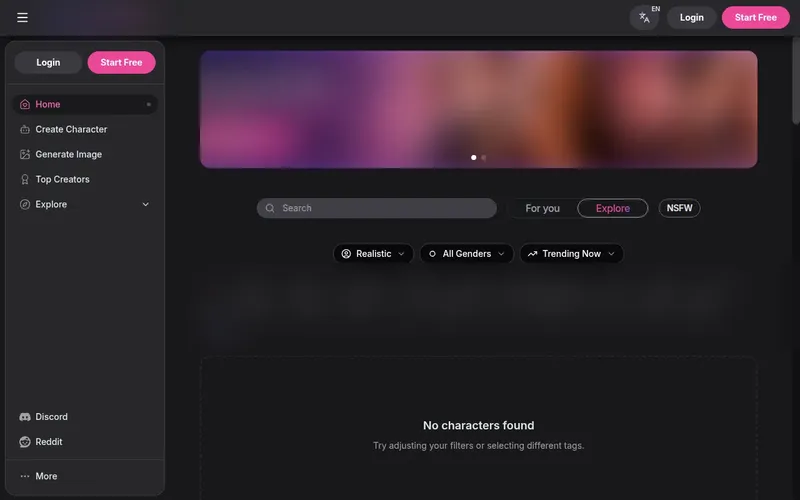 GirlfriendGPT home page with sidebar, search and filters