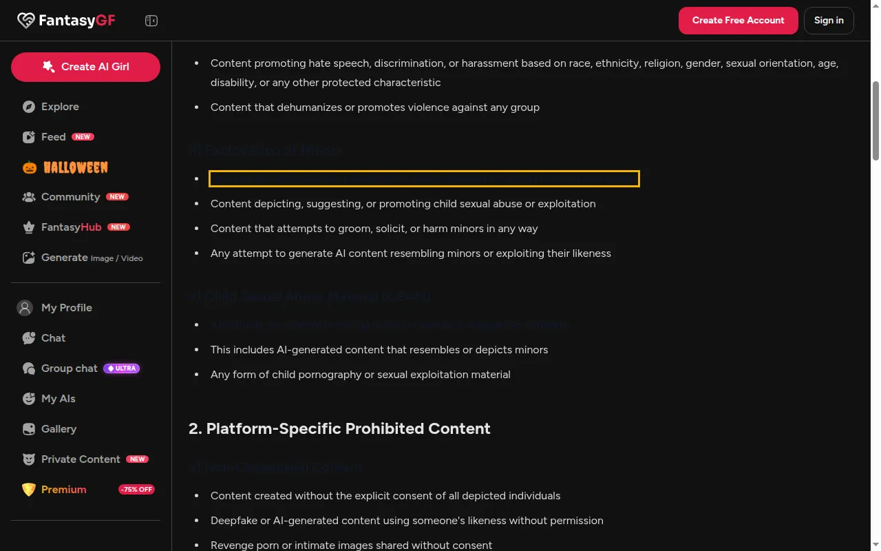 FantasyGF Blocked Content Policy sections on minors, CSAM and non-consensual deepfakes