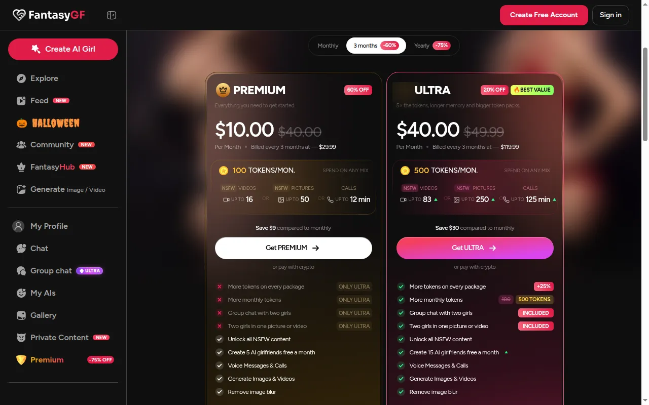 FantasyGF pricing page on the 3 months tab with Premium at $29.99 and Ultra at $119.99