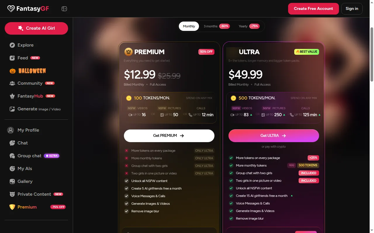 FantasyGF pricing page on the Monthly tab with Premium at $12.99 and Ultra at $49.99