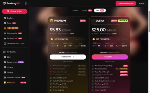 FantasyGF pricing page on the Yearly tab with Premium at $5.83 and Ultra at $25.00 a month