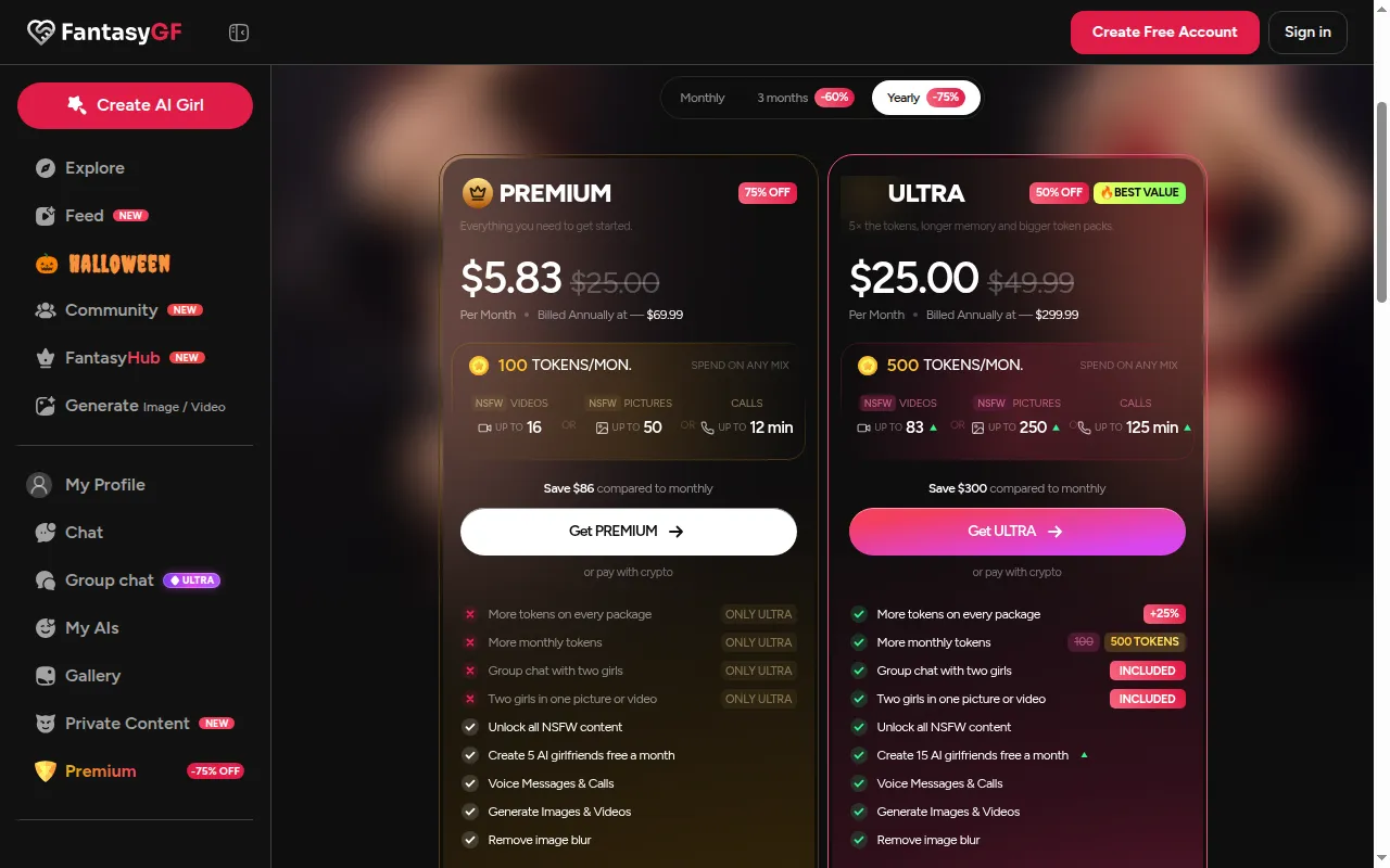 FantasyGF pricing page on the Yearly tab with Premium at $5.83 and Ultra at $25.00 a month