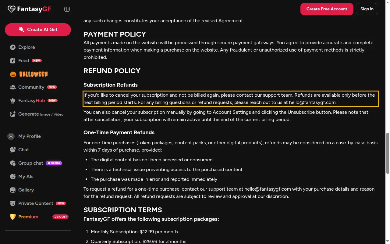 FantasyGF terms refund policy and subscription packages