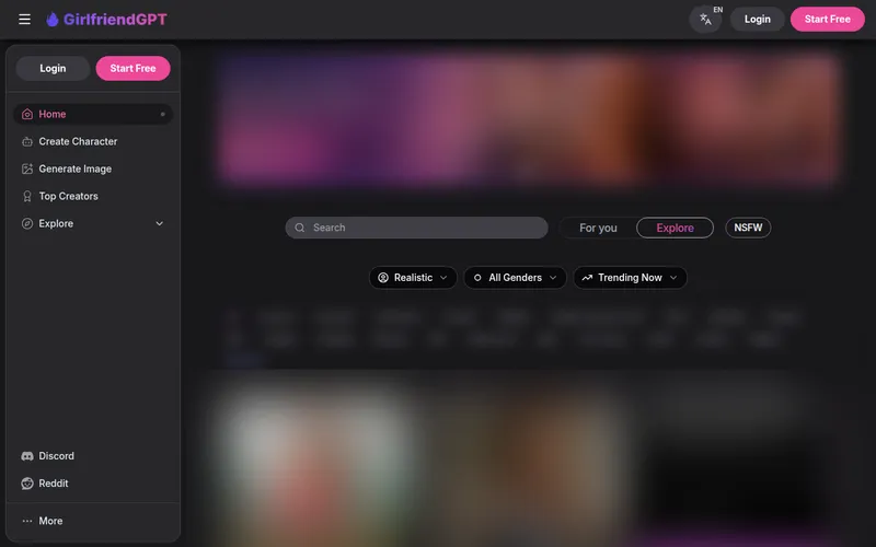 GirlfriendGPT homepage with sidebar, search and Realistic, gender and trending filters