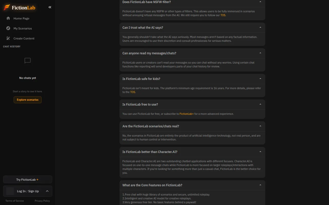 FictionLab FAQ answers saying there is no NSFW filter and the minimum age is 16