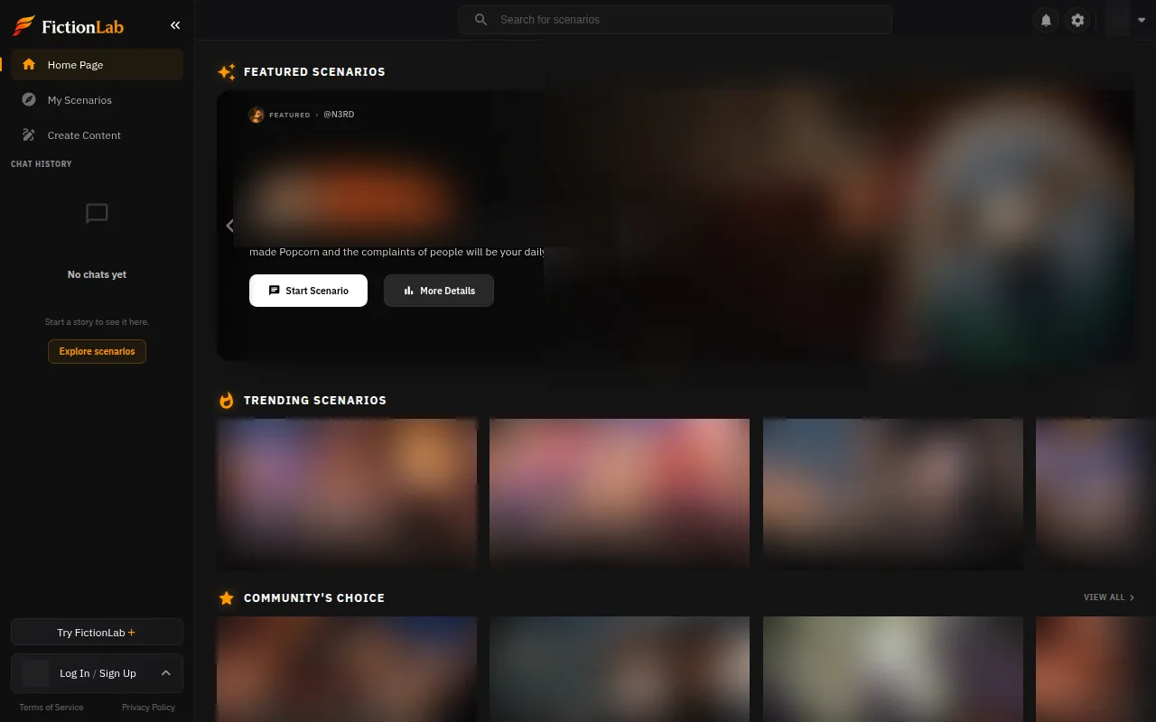 FictionLab home page with Featured Scenarios, Trending and Community's Choice rows and a Try FictionLab+ button