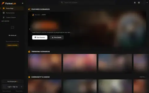 FictionLab home page with sidebar, featured scenario and trending scenario rows