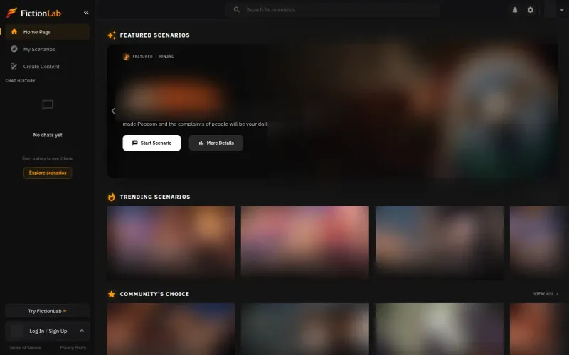 FictionLab home page with sidebar, featured scenario and trending scenario rows