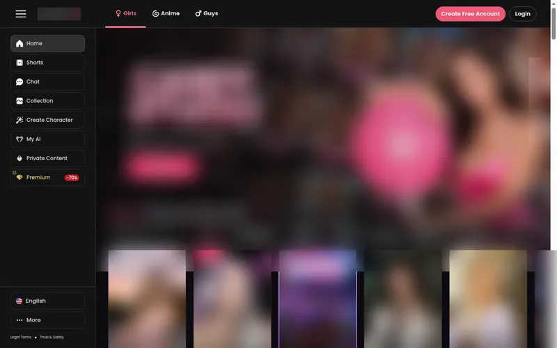 Candy AI home page with sidebar and category filters
