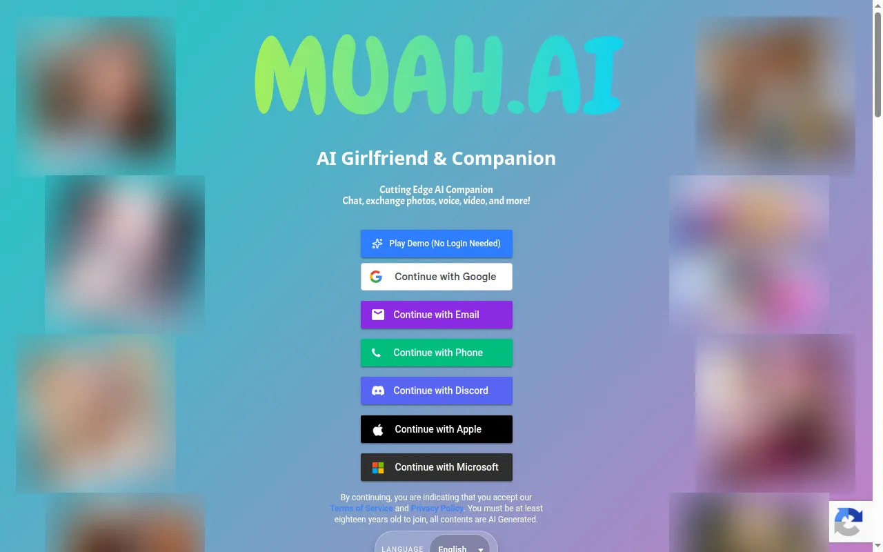 Muah AI sign-in page with demo, email, phone, Discord, Google, Apple and Microsoft options