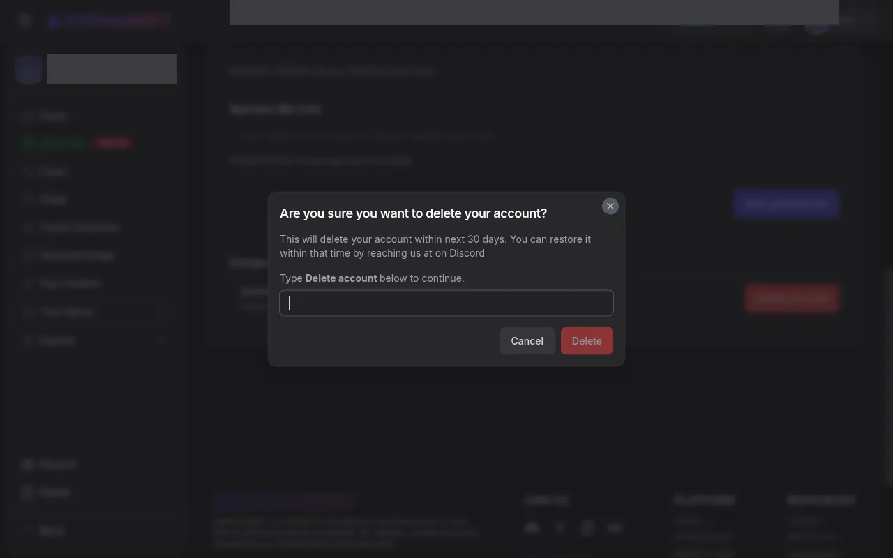 GirlfriendGPT delete account confirmation asking you to type Delete account