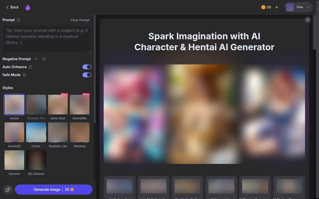 GirlfriendGPT image generator with prompt box, Safe Mode switch, ten art styles and a Generate Image button priced in coins