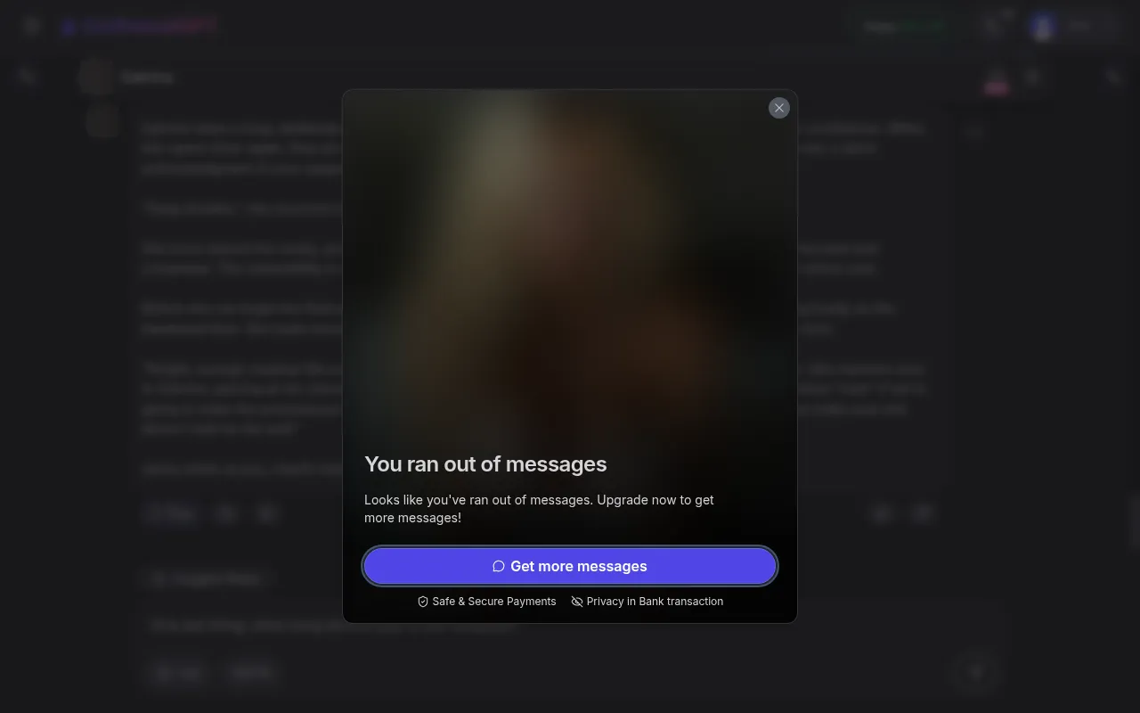 GirlfriendGPT pop-up saying You ran out of messages with a Get more messages button