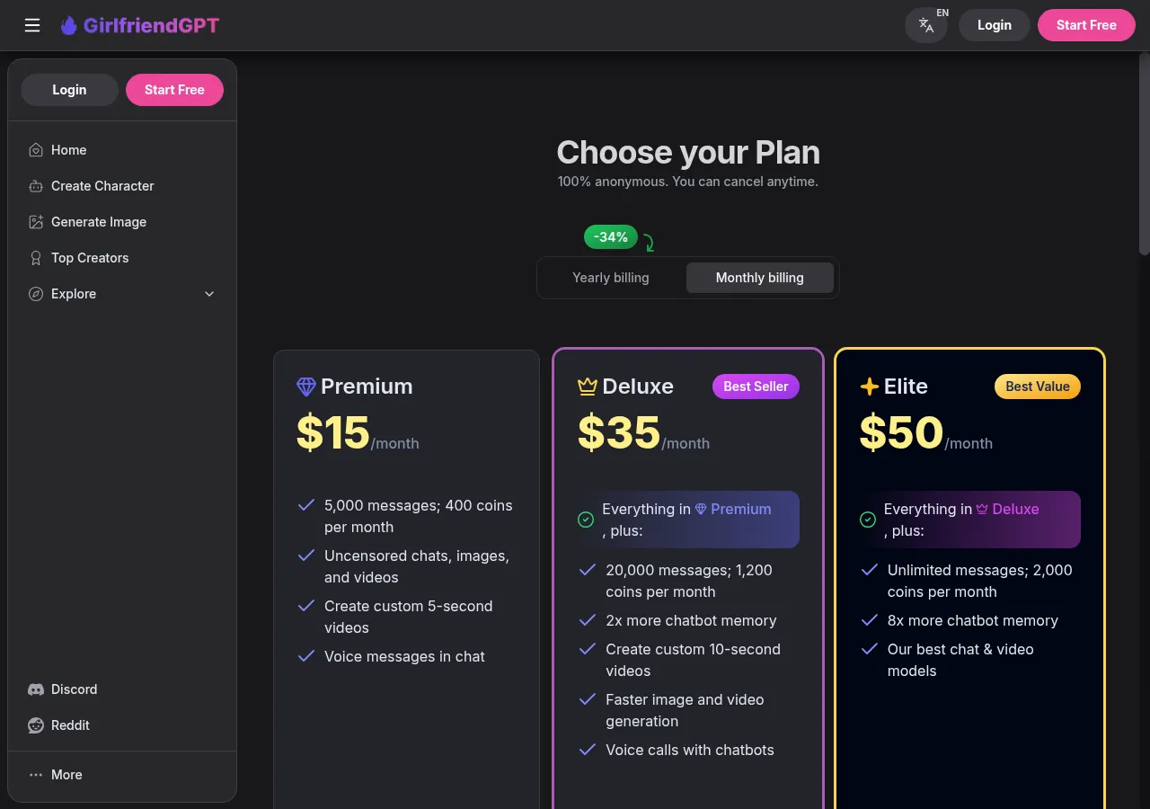 GirlfriendGPT plans page showing Premium $15, Deluxe $35 and Elite $50 per month