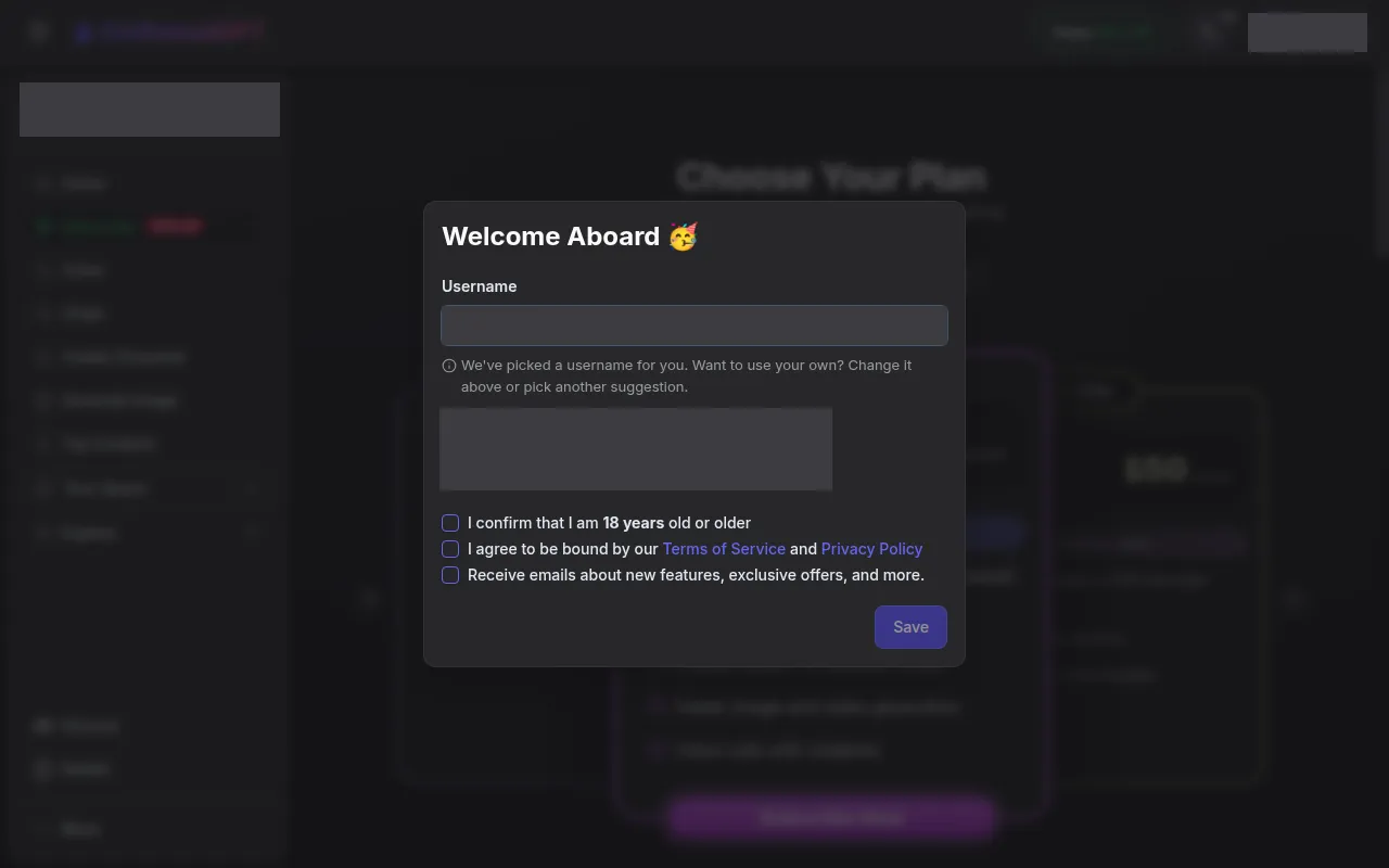 GirlfriendGPT Welcome Aboard window with a username field and an I confirm that I am 18 years old or older checkbox