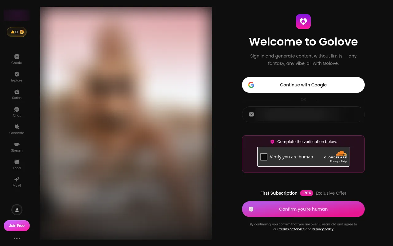 GoLove AI sign-in panel with Continue with Google, a masked email field and a Cloudflare verification box