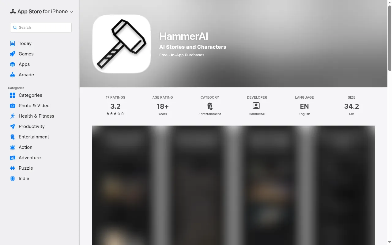 HammerAI listing on the US App Store with 18+ age rating and 3.2 average from 17 ratings