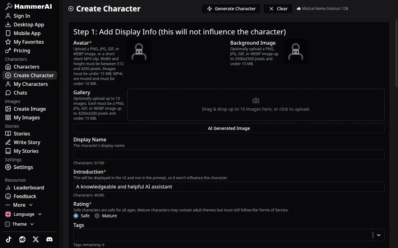 HammerAI Create Character form with avatar upload, display name and Safe or Mature rating