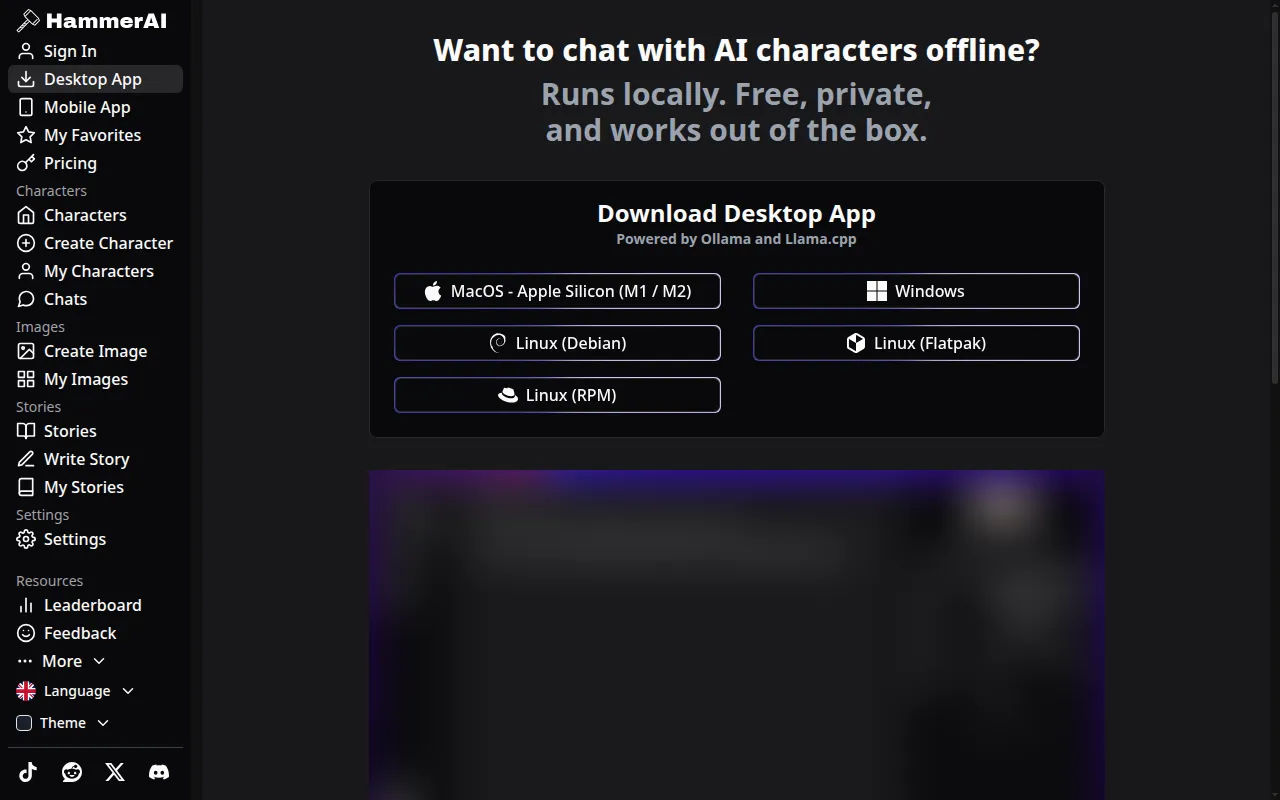 HammerAI desktop app download page for macOS, Windows and Linux