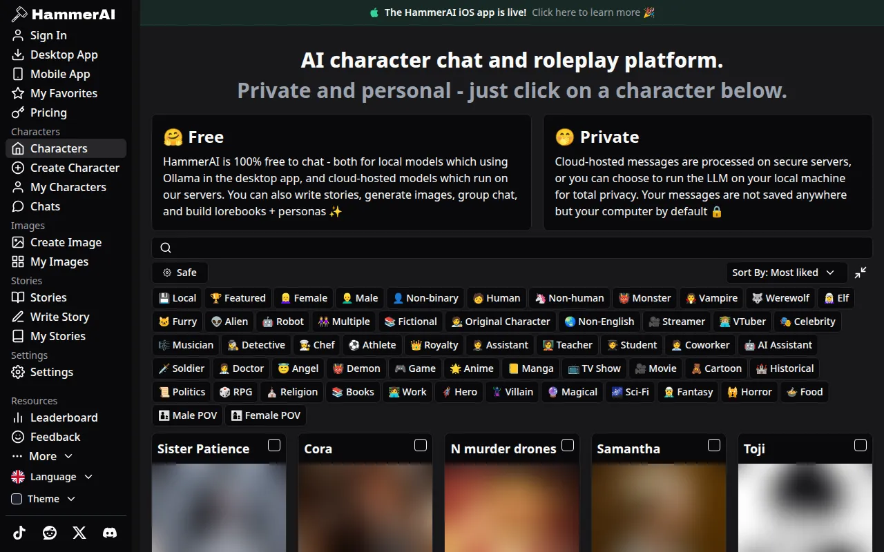 HammerAI home page on desktop with sidebar navigation, Free and Private panels, Safe button and tag filters