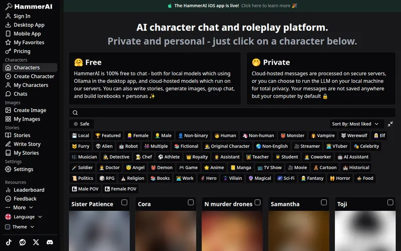 HammerAI home page with sidebar, Free and Private panels and the tag filter row