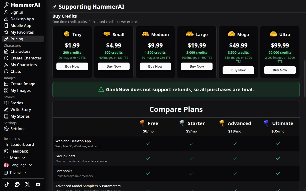 HammerAI credit packs from $1.99 to $99.99 and the note that all purchases are final