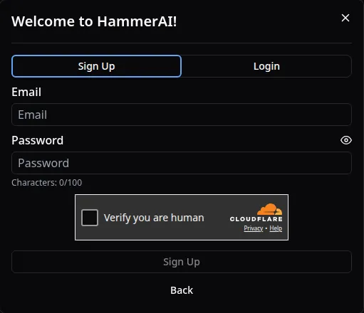 HammerAI email sign-up form with an empty email field and a Cloudflare Verify you are human check