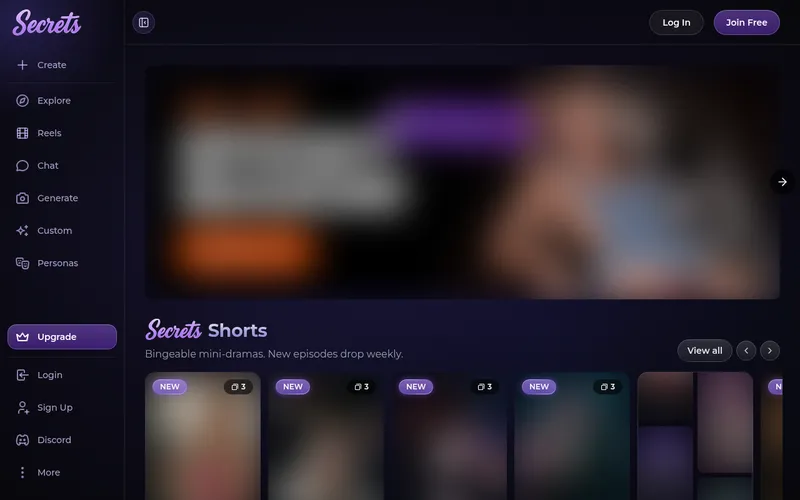 Secrets AI homepage with sidebar navigation and Secrets Shorts row