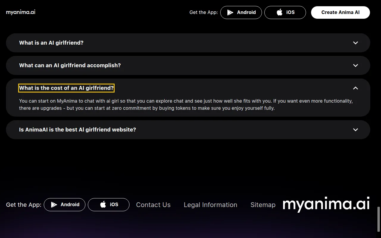 MyAnima FAQ answer about the cost of an AI girlfriend mentioning upgrades and tokens
