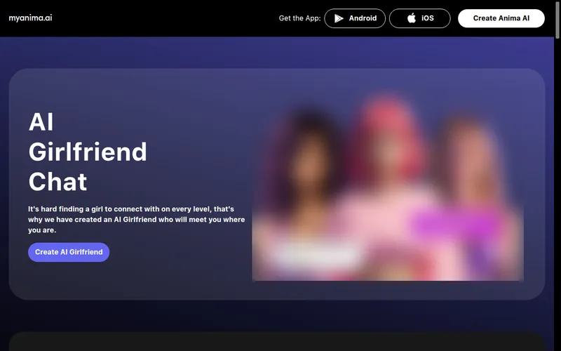 MyAnima AI Girlfriend Chat landing page on desktop