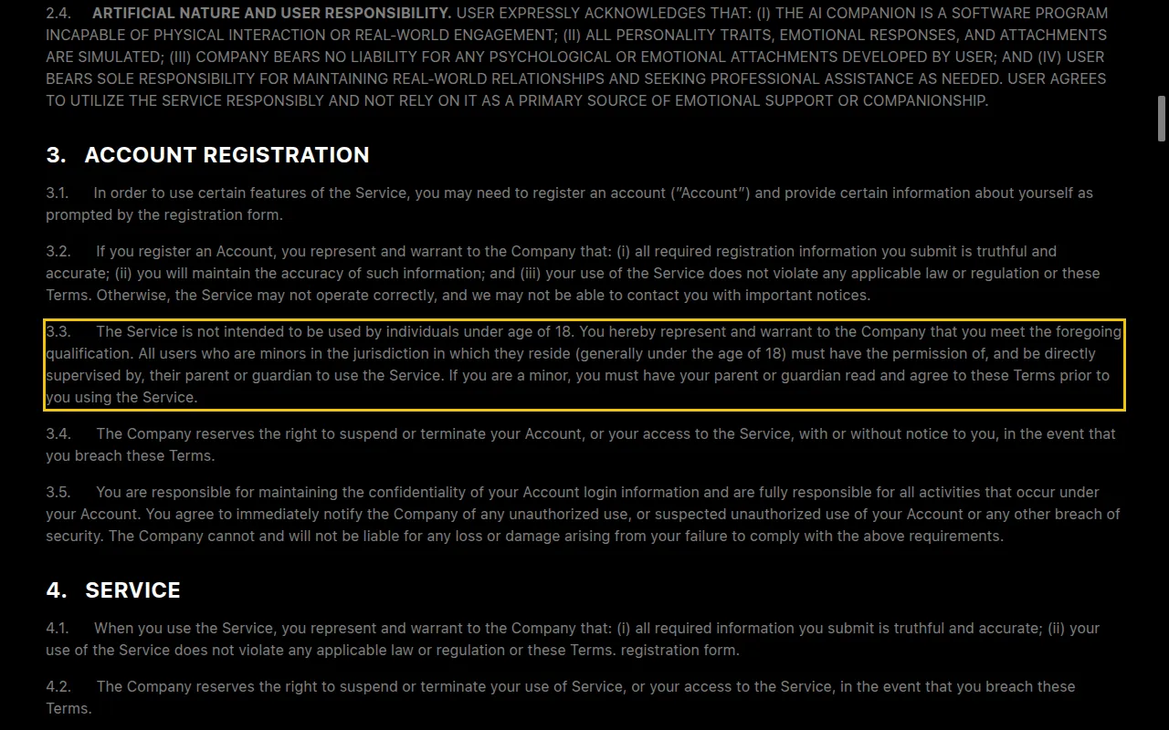 iGirl terms section 3.3 saying minors may use the service with parental permission and supervision