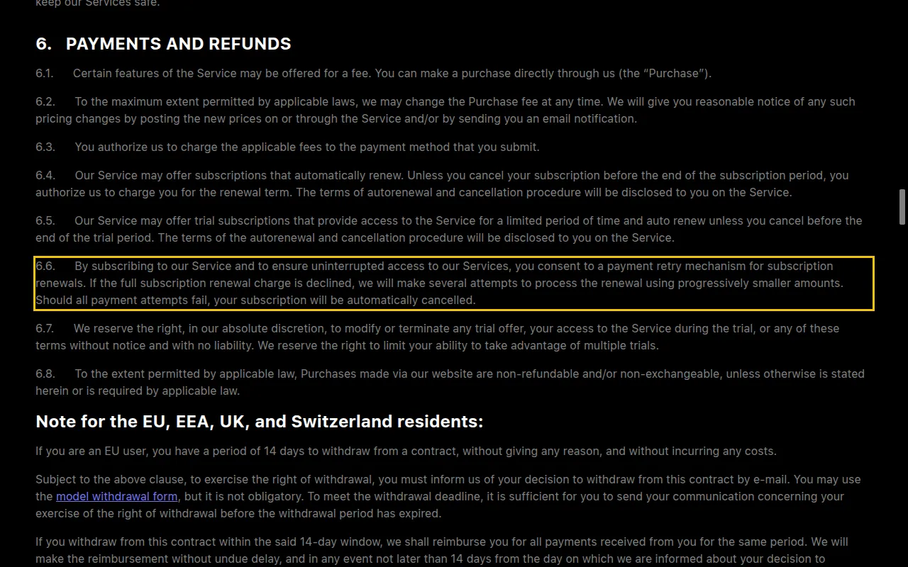 iGirl terms section 6.6 about retrying declined renewals with progressively smaller amounts