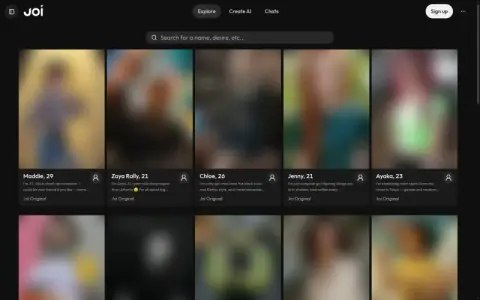Joi AI SFW Explore page with Joi Original character cards