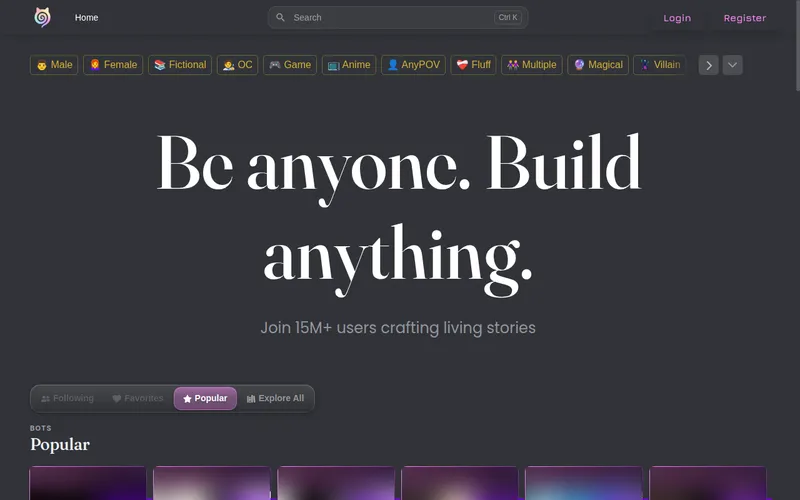 Janitor AI home page with search, tag filters and a blurred Popular row