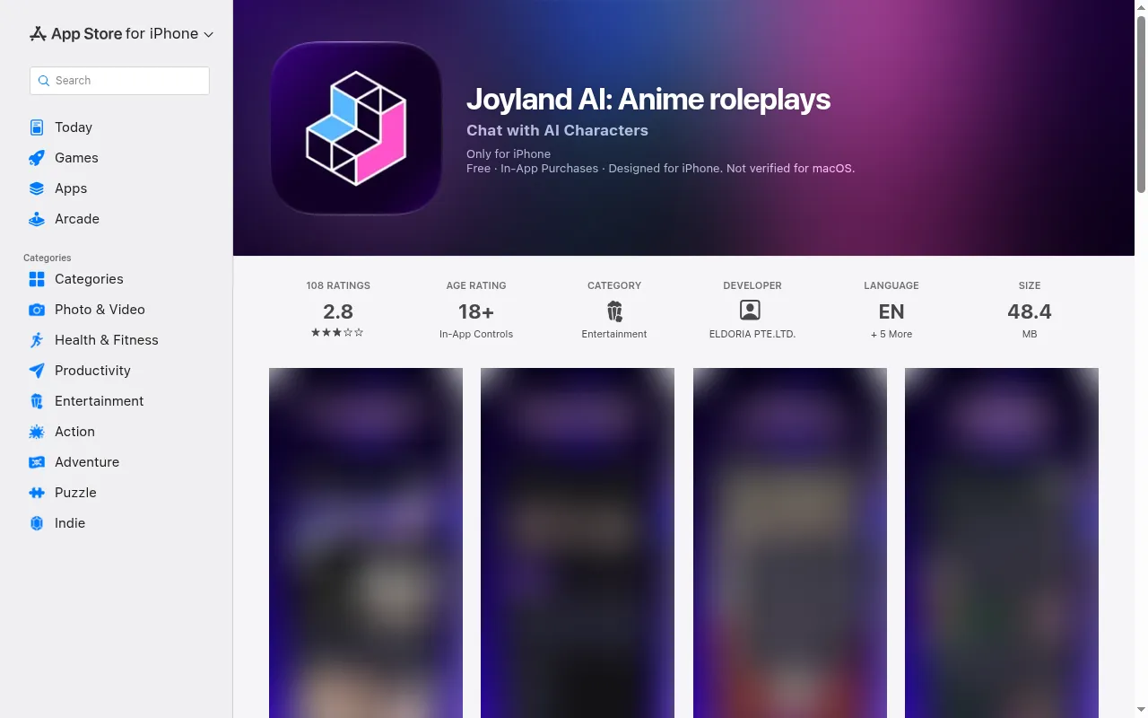 Joyland AI App Store listing with an 18+ age rating and ELDORIA PTE. LTD. as developer