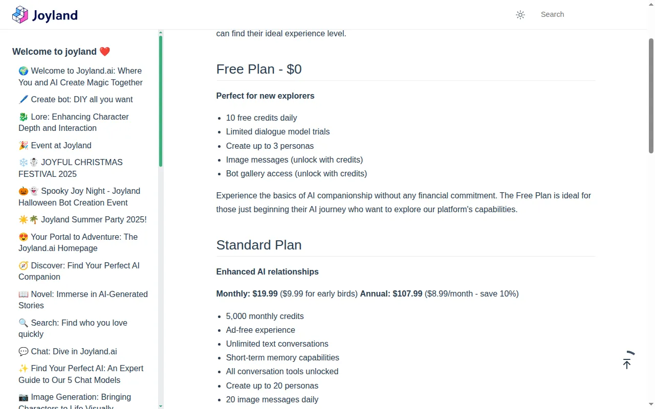 Joyland help center article listing Free and Standard plan prices and limits