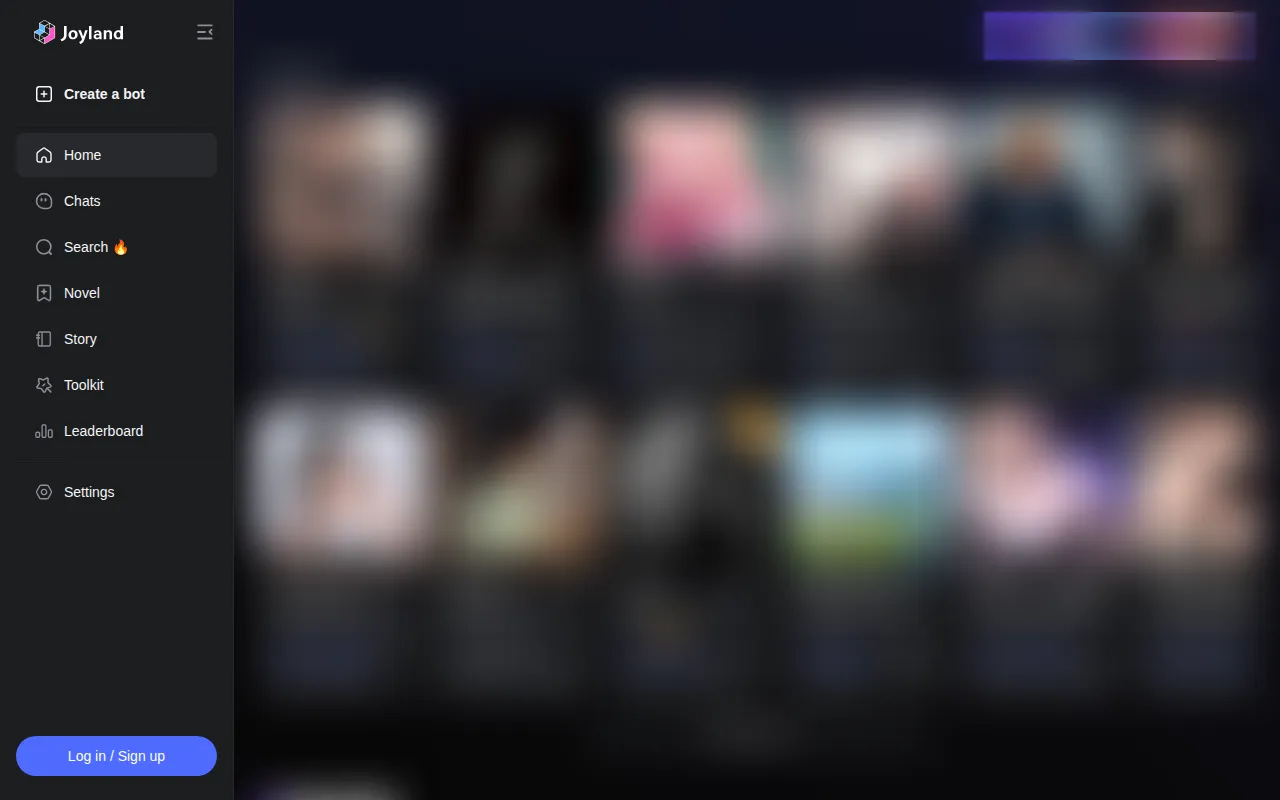 Joyland AI home page on desktop with sidebar navigation and the For You bot feed