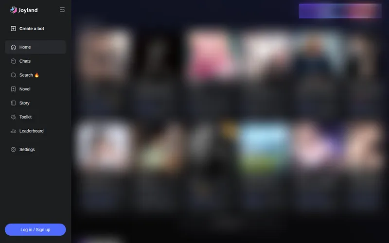 Joyland AI home page with sidebar navigation and blurred bot cards